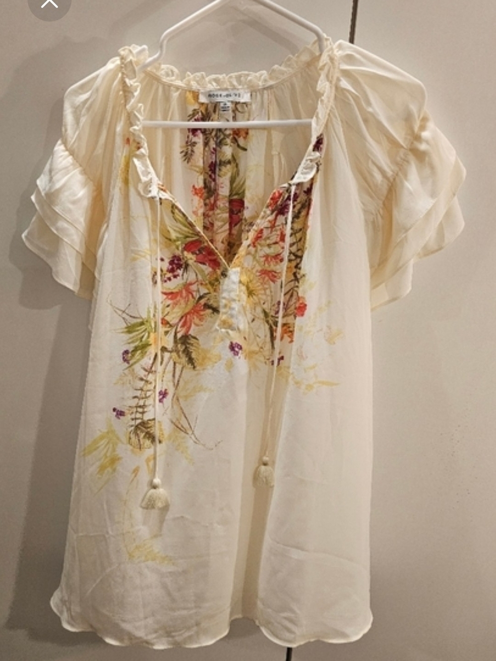 Beautiful Rose & Olive Cream & Floral Tie-Neck Peasant Blouse-2X-Like NEW